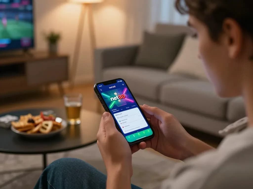 Engaging user placing bets on net88 sports app from cozy home environment.