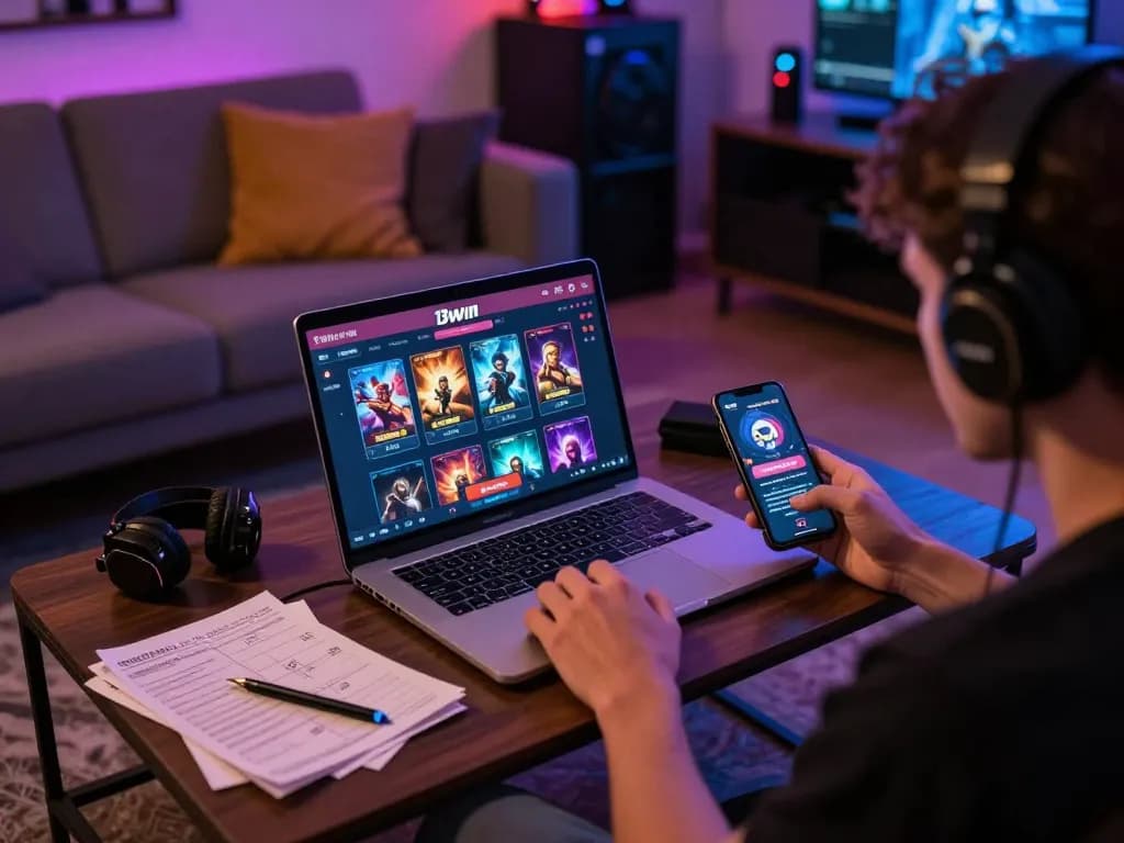A player immersed in 13win online gaming, showcasing a cozy gambling atmosphere with strategic notes.