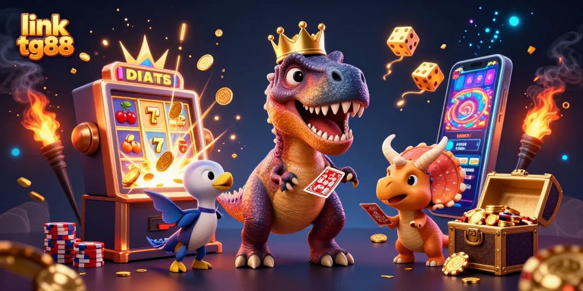Experience the excitement of gambling with link tg88 in a vibrant, detailed fantasy illustration featuring a T-Rex and friends.