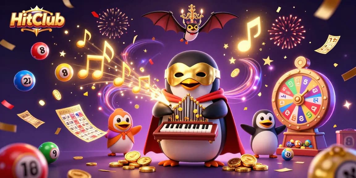 HitClub showcases a vibrant 3D casino scene with golden coins, spinning prizes, and dynamic characters.