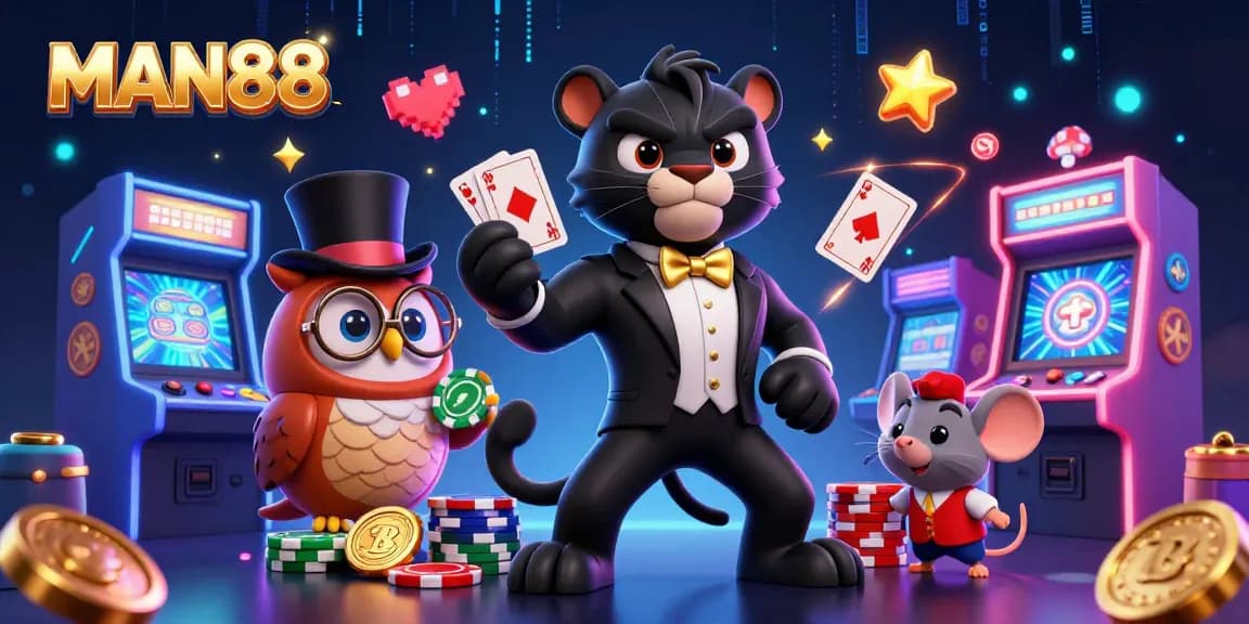 Engage with MAN88's thrilling casino experience featuring colorful characters and vibrant game elements.