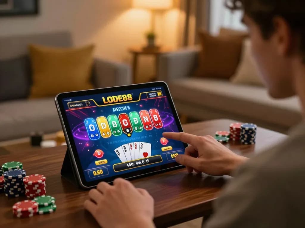 Player enjoying LODE88 app for online casino gaming at home, showcasing live dealer interaction.