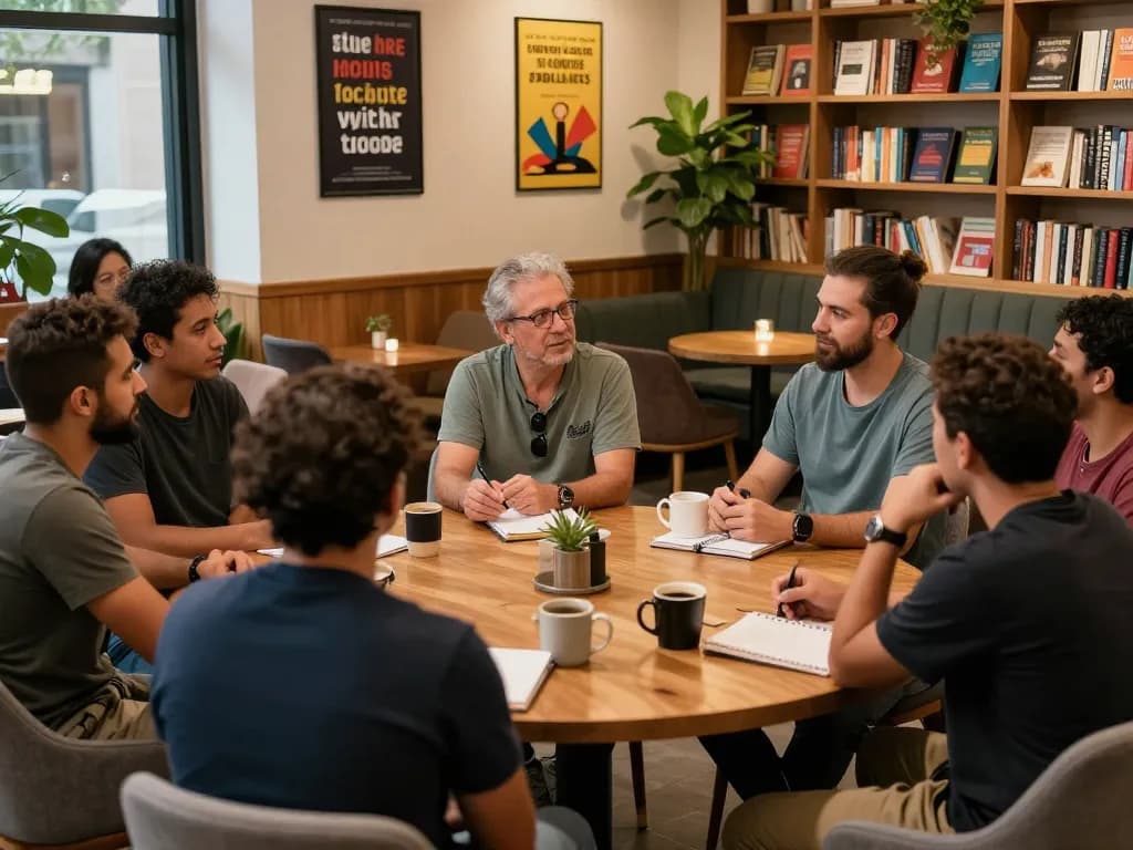 Men participating in a supportive gathering at a man club, sharing stories and coffee.