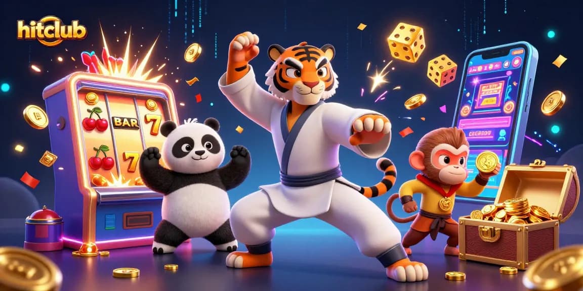 Play exciting games at hitclub with a kung fu tiger, panda, and monkey amidst casino elements.