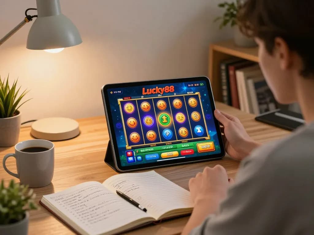 Player engaging with the colorful lucky88 slot game on a tablet in a cozy home office setting.