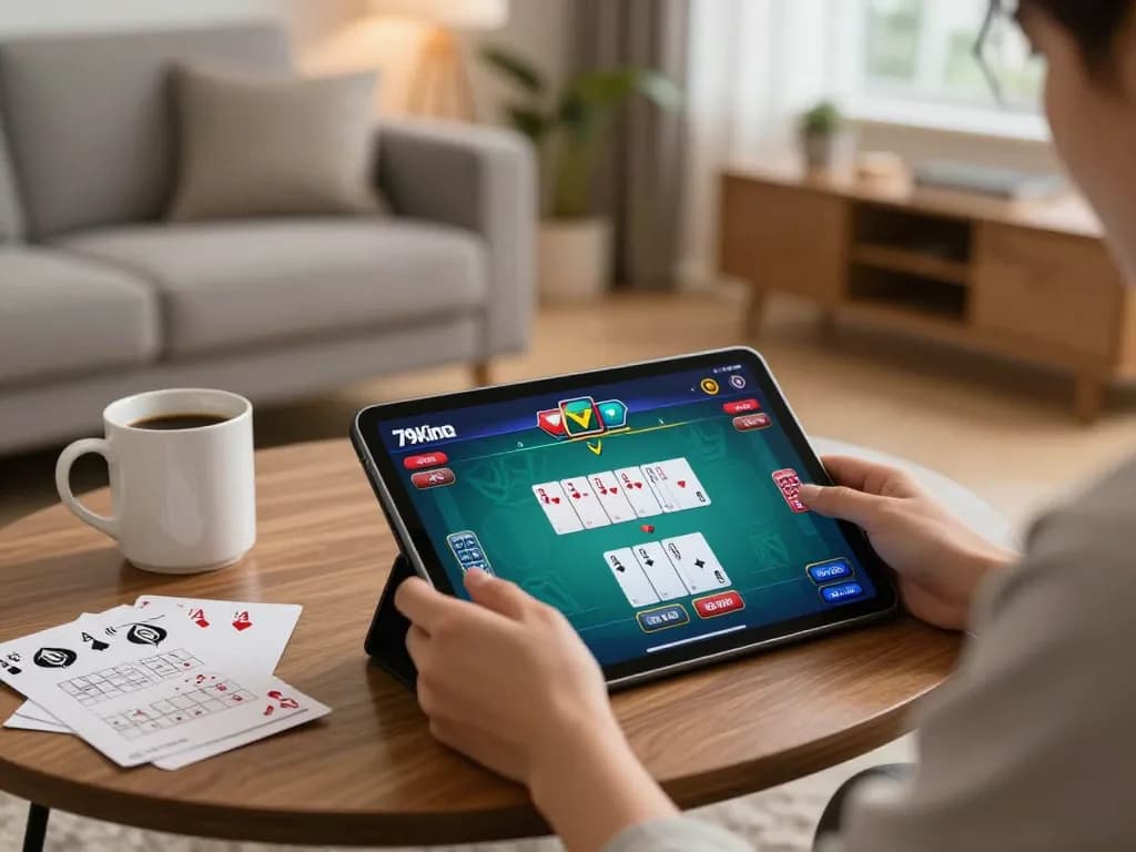 Engaging in poker on a tablet while enjoying 79king-vn's online gaming experience at home.
