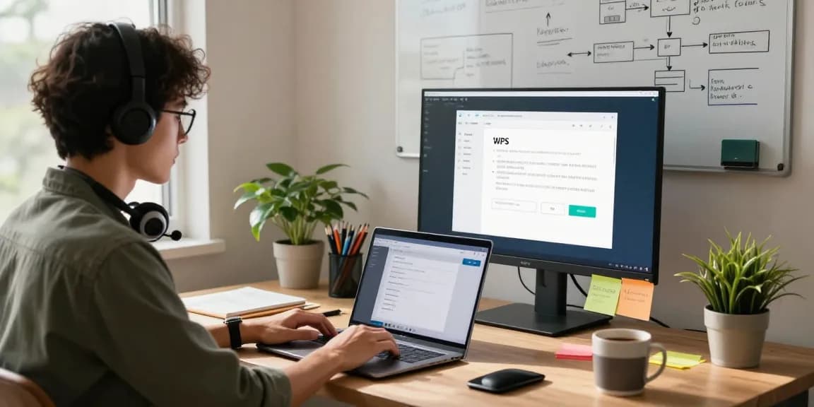 Stop scrolling! WPS Download process in modern home office setting, showcasing professional setup and productivity tools.