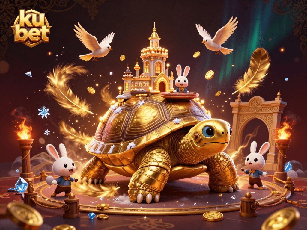 Experience the thrill of ku bet with a dynamic casino scene featuring a golden tortoise and rabbit dealer.