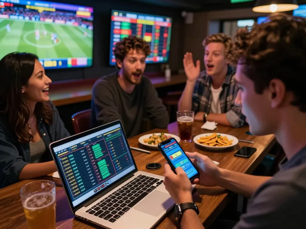 Person engaging with sports betting on oxbet com at a lively sports bar, analyzing match statistics.