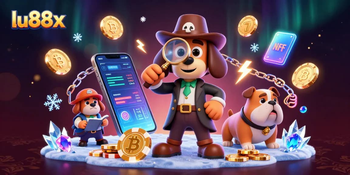 lu88x gambling illustration: detective dog exploring poker chip clues with vibrant casino elements.
