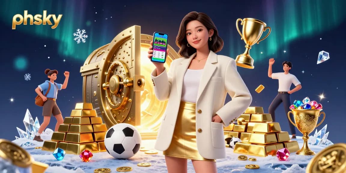 Experience winning with PHSKY as a beautiful Asian woman engages in sports betting, surrounded by treasures.
