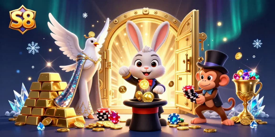 S8 offers an exhilarating gambling experience with a thrilling scene featuring a cartoon magician and treasures.