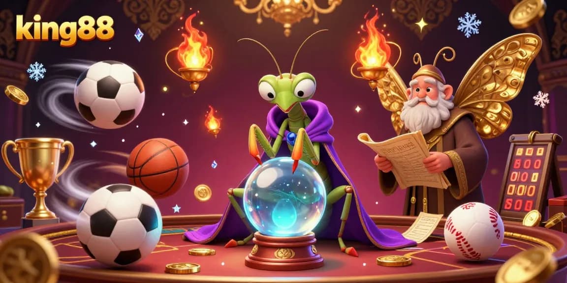 Engage with king88 in a vibrant, 3D gambling scene featuring animated sports balls, a fortune teller, and magical elements.