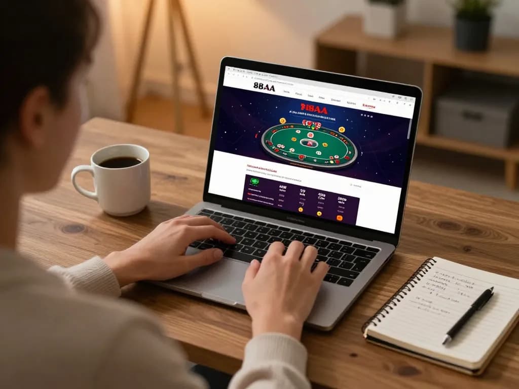 Player enjoying 88aa trang chủ with poker game on laptop in cozy home setting