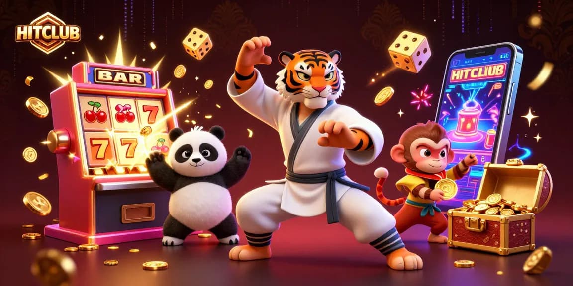 Immerse in the HITCLUB experience with a vibrant scene of playful characters and dynamic casino elements.