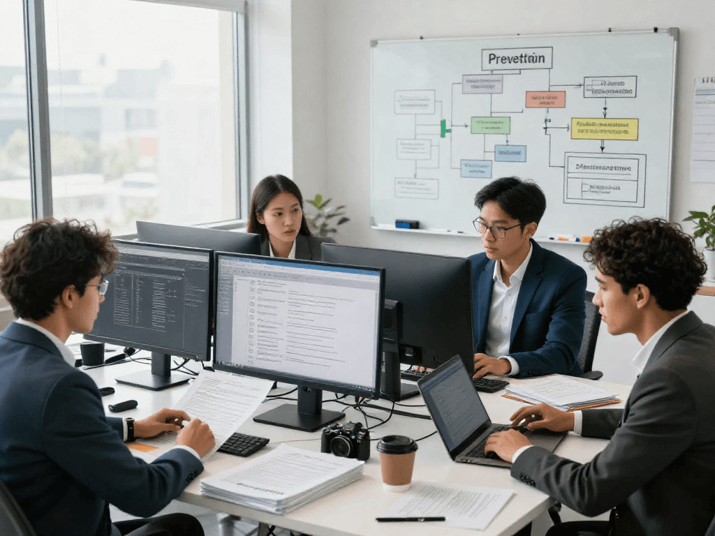 Document fraud detection meeting with professionals analyzing data in a modern office.