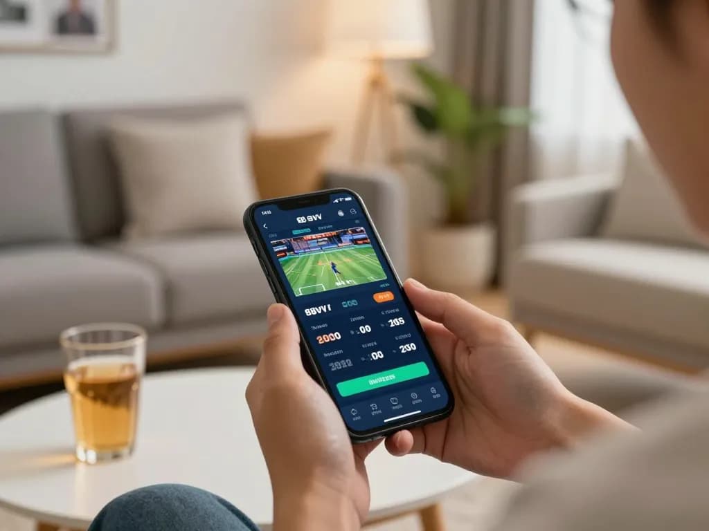 Engaging with the nhà cái 88VV betting app on smartphone in a cozy living room.