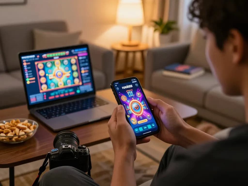 Engaging moment of a player enjoying rokok88 slot on a smartphone during an online gaming session at home