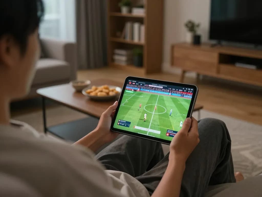 Xoilac live sports streaming on tablet in a cozy setting, engaging viewers with high-quality football matches