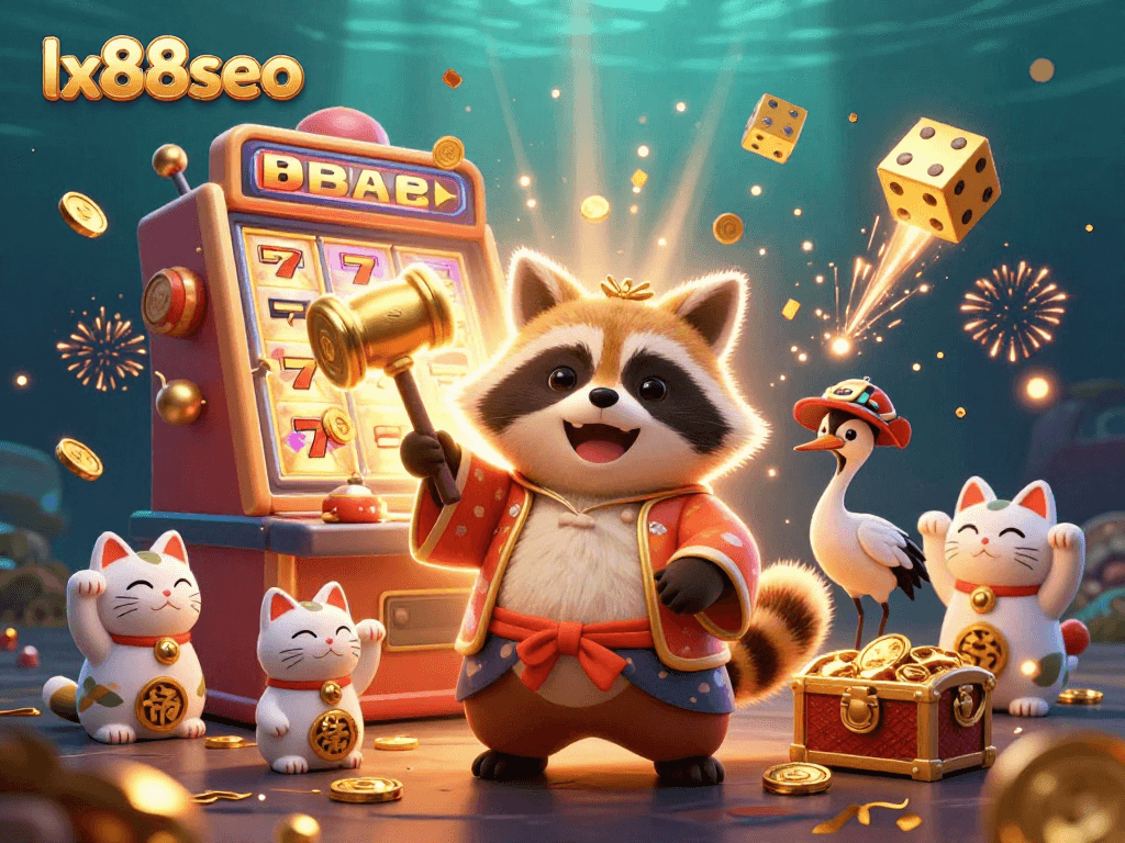 Engage in excitement with lx88seo as a cheerful tanuki celebrates a jackpot explosion in a vibrant casino scene.