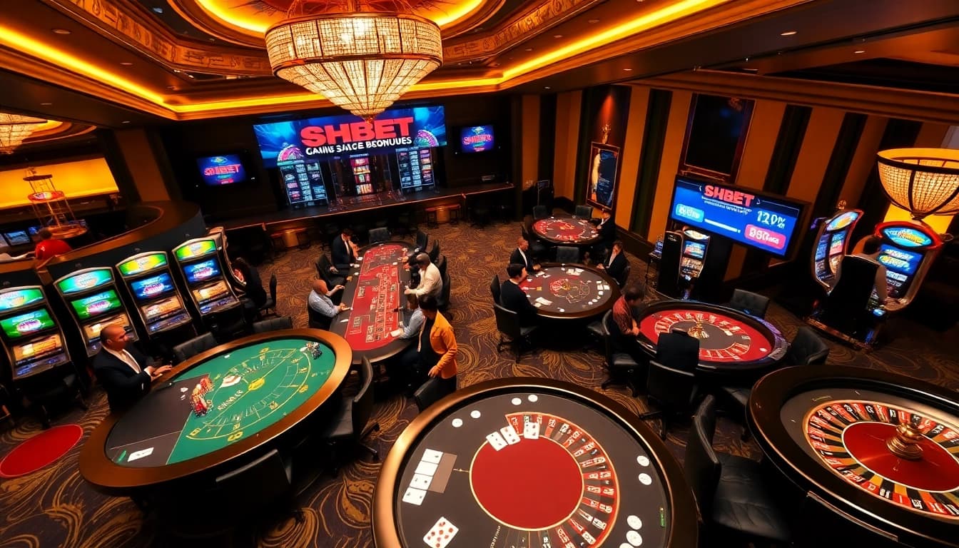Experience the excitement of SHBET with vibrant casino tables and dynamic gaming action.
