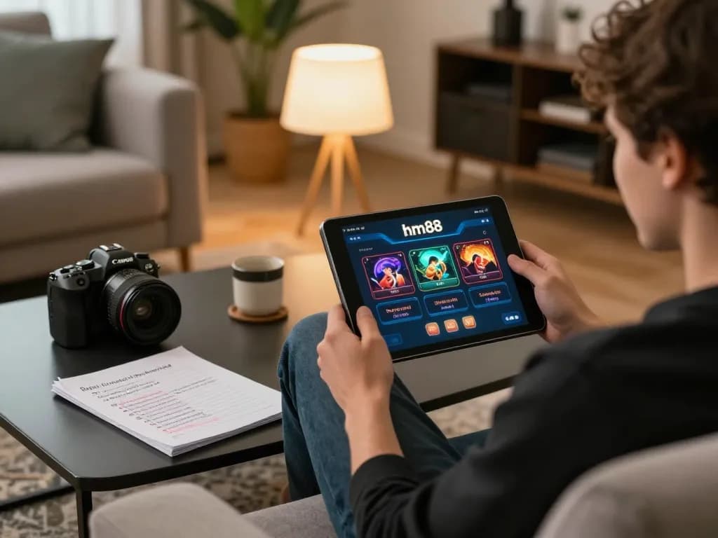Engaging in online gaming on hm88 app while managing bankroll and strategies.