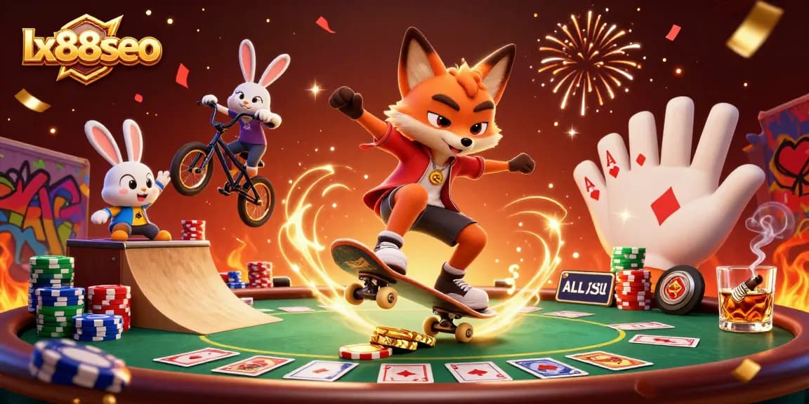 Engage with lx88seo through thrilling casino gambling, featuring dynamic characters and vibrant casino elements.