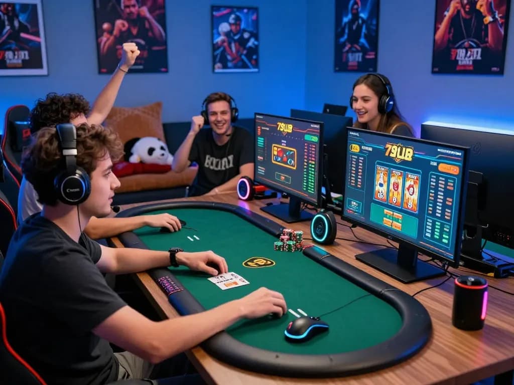Diverse gamers enjoying a thrilling poker game on the 789 club platform in a vibrant, cozy gaming room.