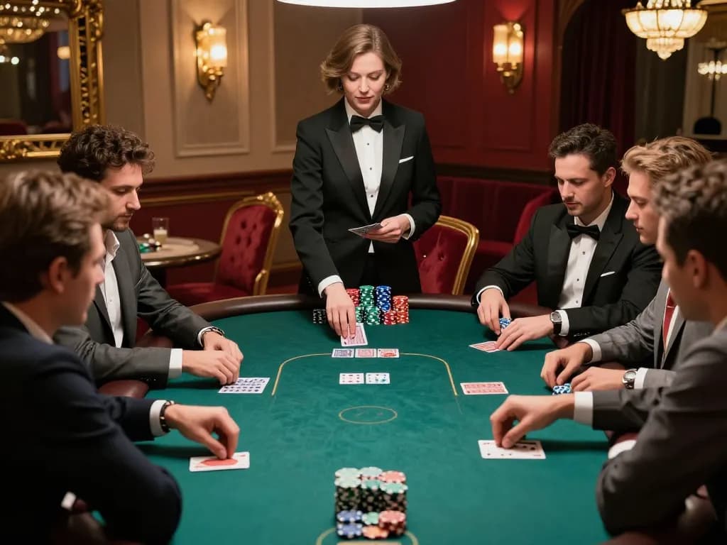 Experience the thrill of debet poker as players strategize at an upscale casino table.