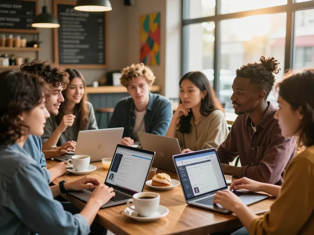 Group of friends discussing crush on character AI in lively coffee shop.