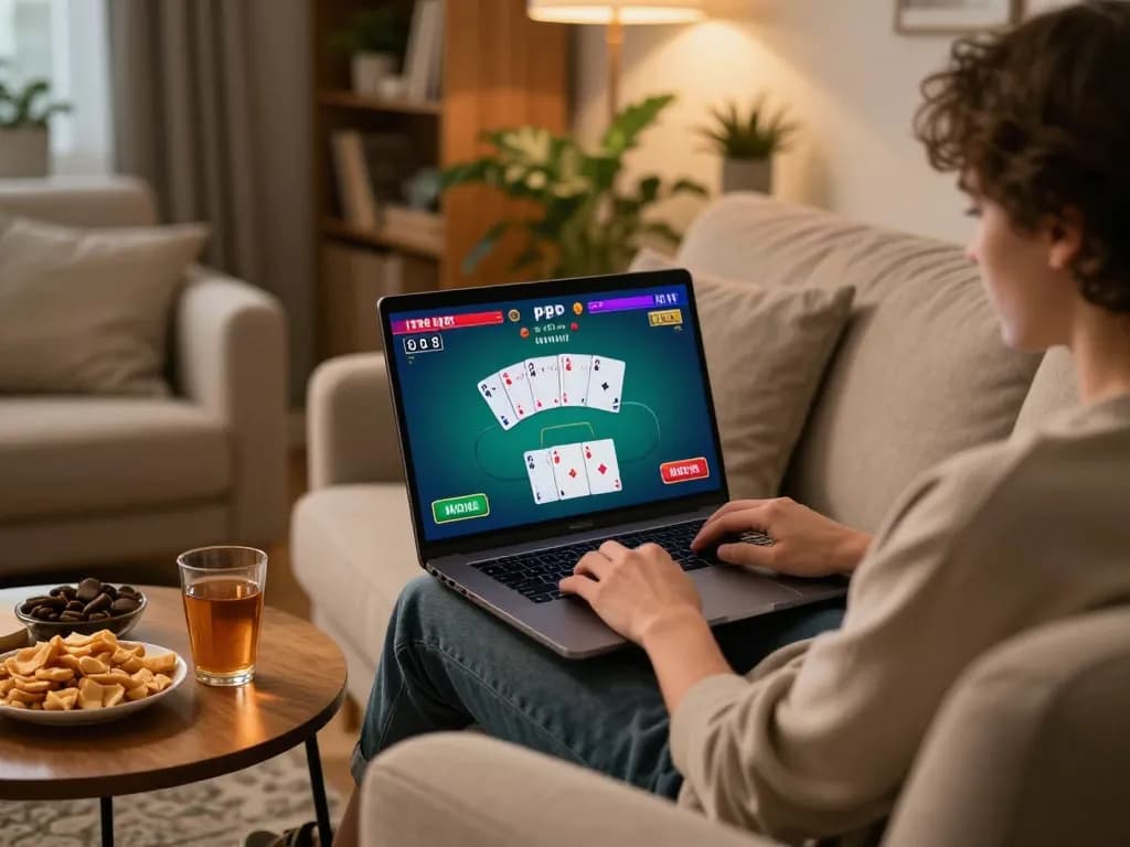 One88h user enjoying online poker game on a laptop in cozy living room with snacks