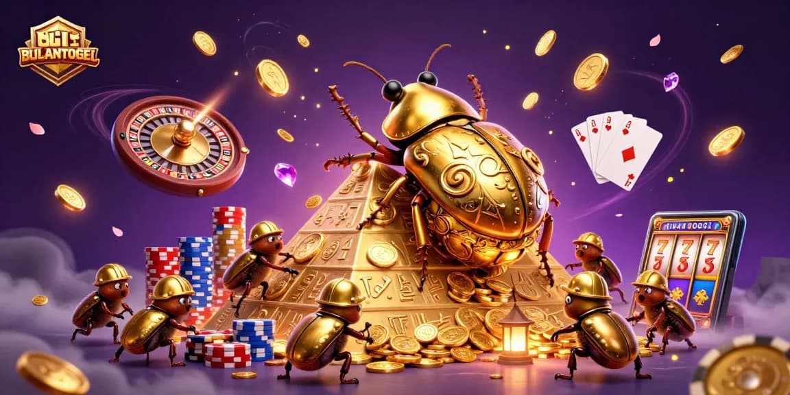 BULANTOGEL showcases a 3D cartoon scene with a golden beetle amidst cascading coins and gems.