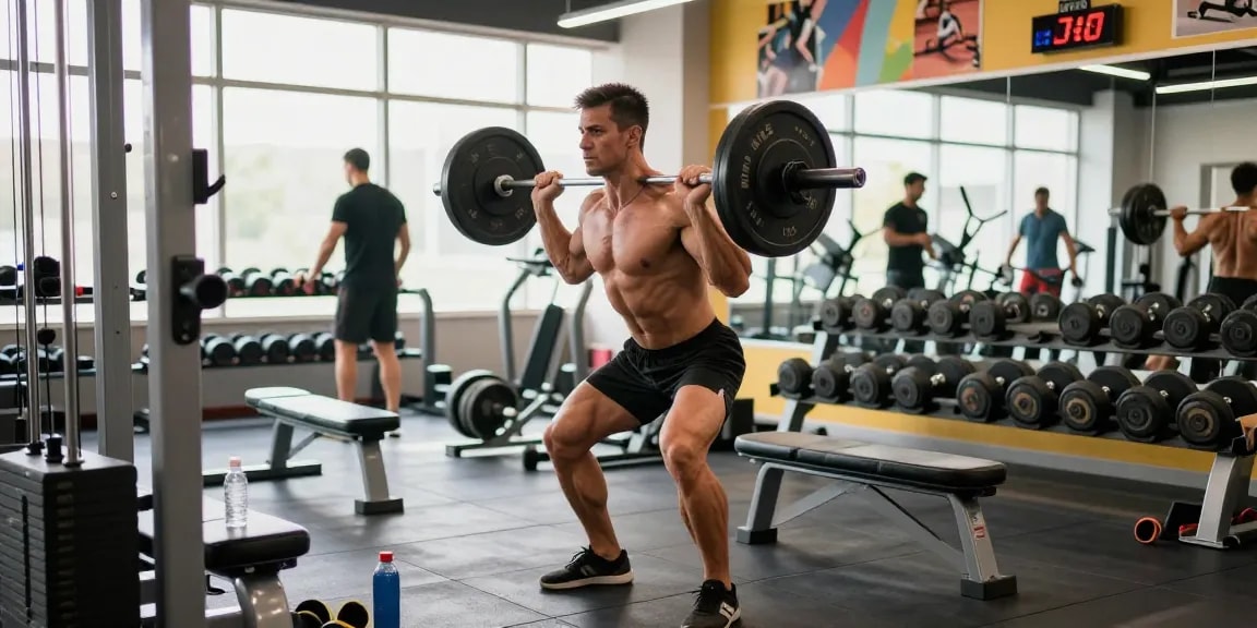 A bodybuilder lifting weights at Steroide Boutique gym, showcasing strength and dedication in a vibrant fitness atmosphere.