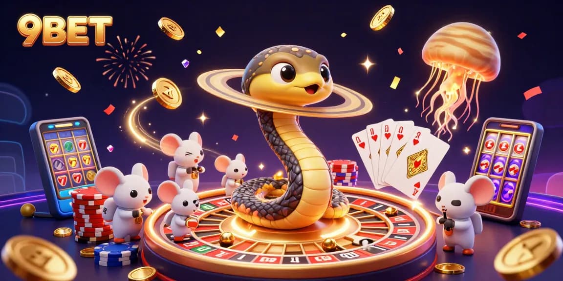 Engage with 9BET's online casino adventure with cosmic characters and action-packed gaming elements.