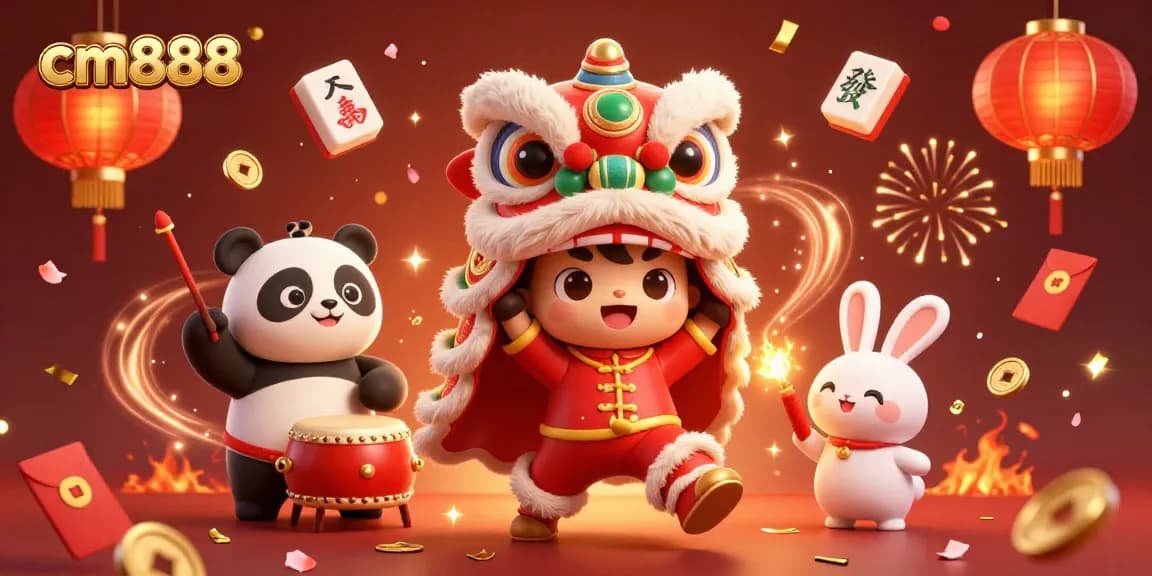 Experience excitement and luck with cm888 in a vibrant casino scene filled with festive characters and rich decorations.