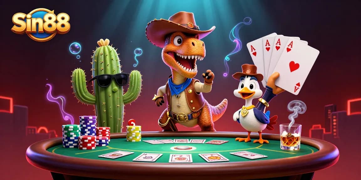 Experience thrilling action at Sin88's casino with a vibrant 3D scene portraying fun characters around a poker table.
