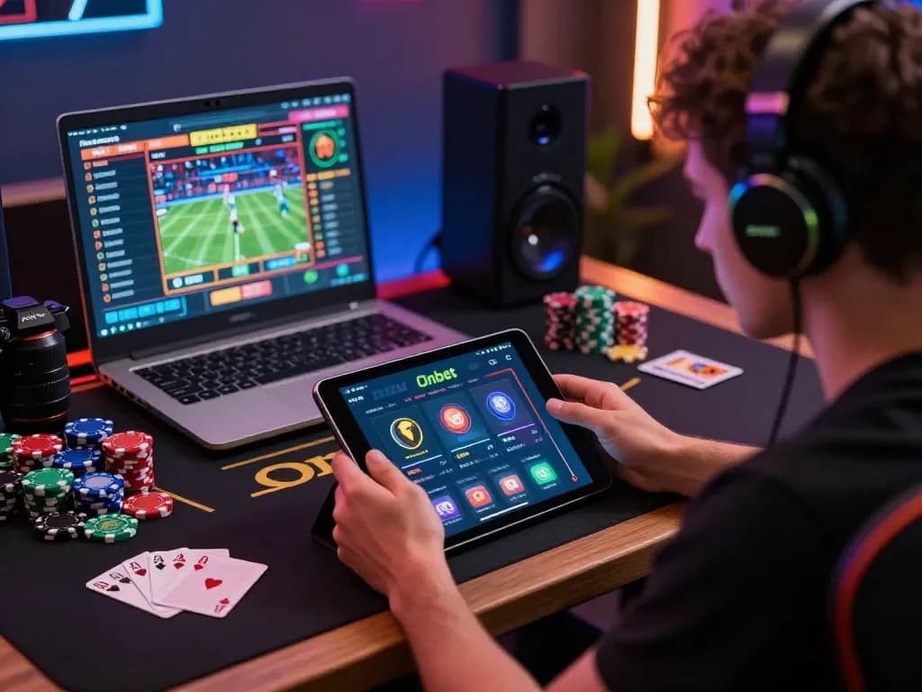 Experience the thrill of the Onbet app with engaging online gaming setup featuring vibrant lighting and casino details.