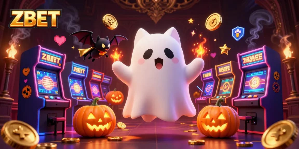 ZBET players enjoying a vibrant casino experience with a playful ghost cat and vampire bat in a dynamic scene.
