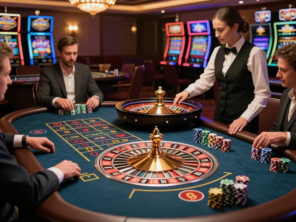 KONG88 players strategizing and betting at an upscale roulette table in a vibrant casino setting