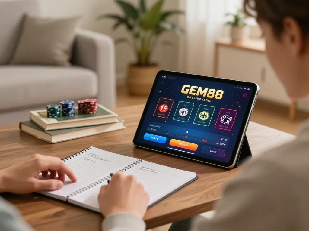Engaging in GEM88 online casino gaming at home while reviewing strategy notes.