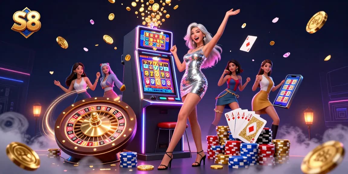 S8 immerses players in a vibrant casino with a stunning Asian woman celebrating a jackpot win.