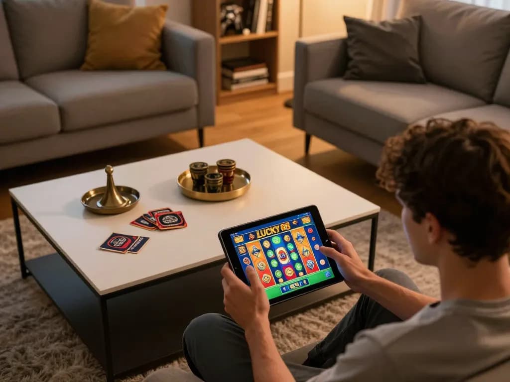 Engaging gameplay experience with LUCKY 88 slot game on a tablet, showcasing a cozy home setting.