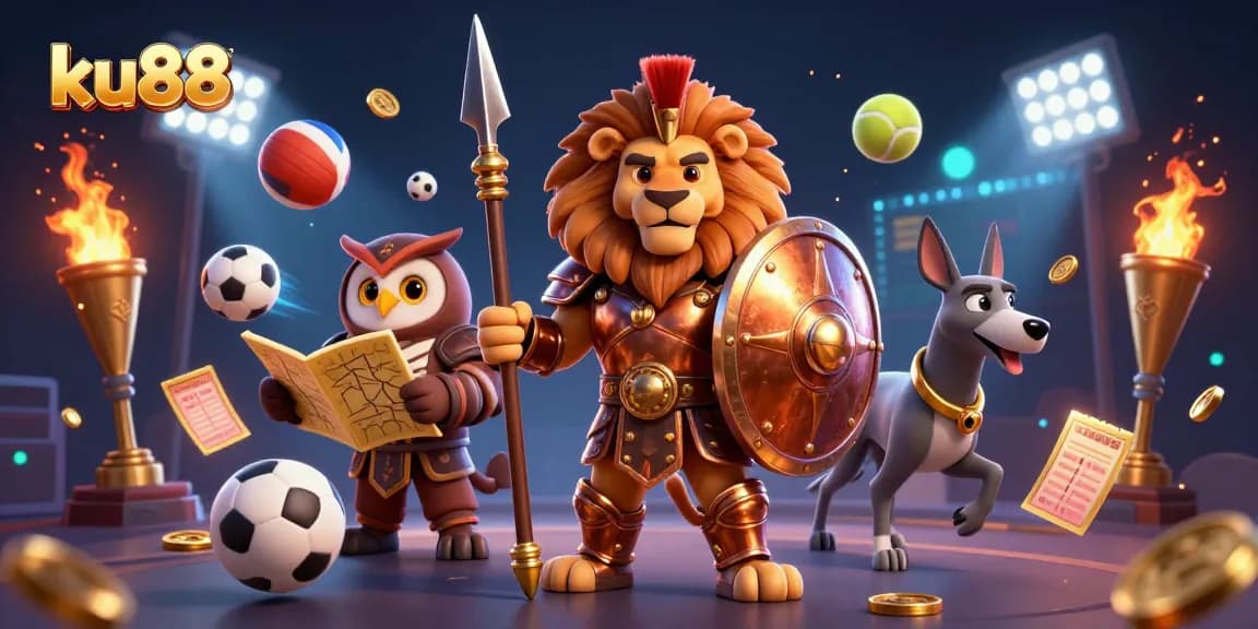 Experience the thrill of ku88 with a dynamic 3D illustration of engaging casino elements and characters.