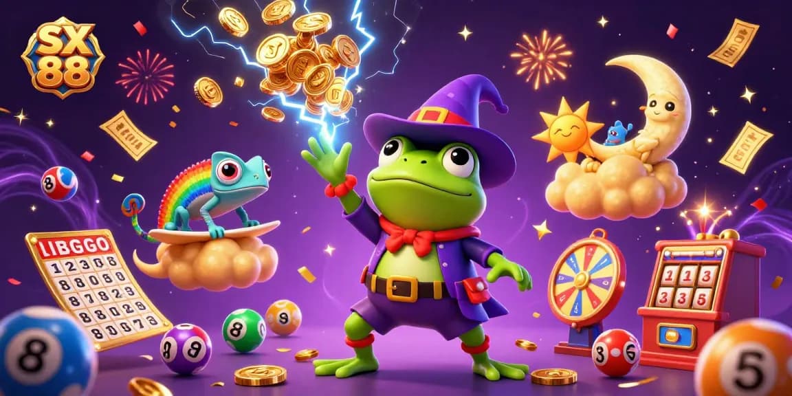 SX 88 offers colorful interactive gaming with lottery elements and vibrant characters in a dynamic scene.