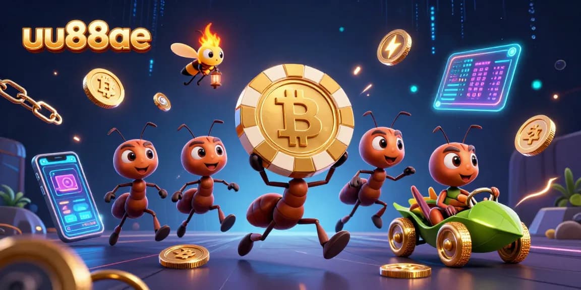 Engage with uu88ae, experience a vibrant casino heist scene featuring playful cartoon ants and glowing crypto elements.