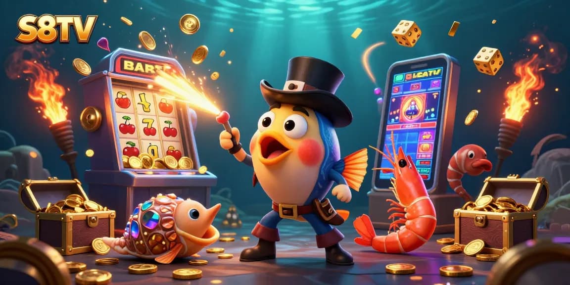 S8TV's thrilling online casino experience with vibrant characters attracting golden coins amidst a jackpot eruption.