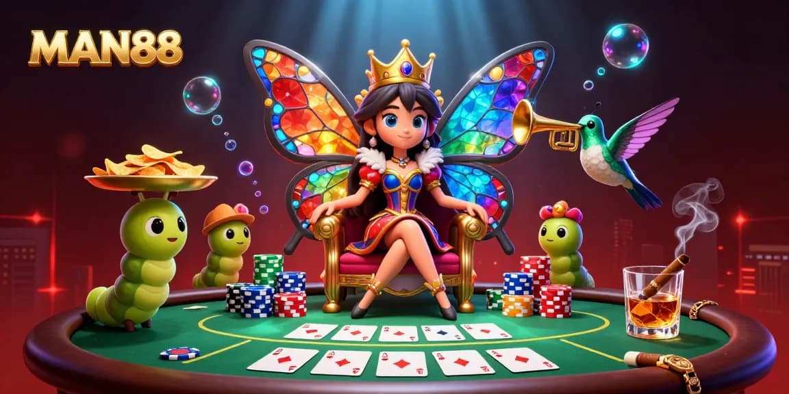 Engage with MAN88's exciting poker scene featuring a butterfly queen and vibrant game elements.