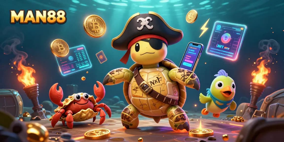 Engage with MAN88's vibrant underwater casino scene featuring a pirate turtle and crypto elements.