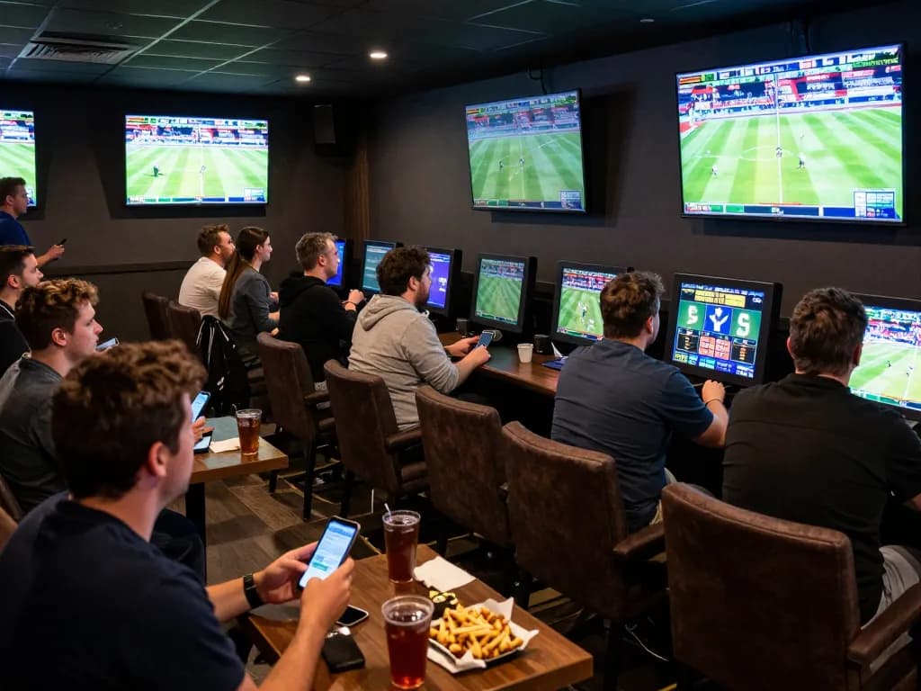 Excited fans engaging in kèo nhà cái hôm nay at a sports betting lounge, placing bets via mobile apps