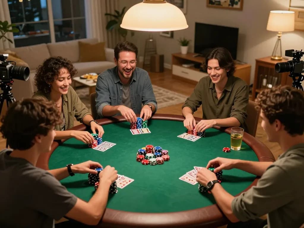 Players engaging in a lively poker game night at home, showcasing HITCLUB's social gambling experience.